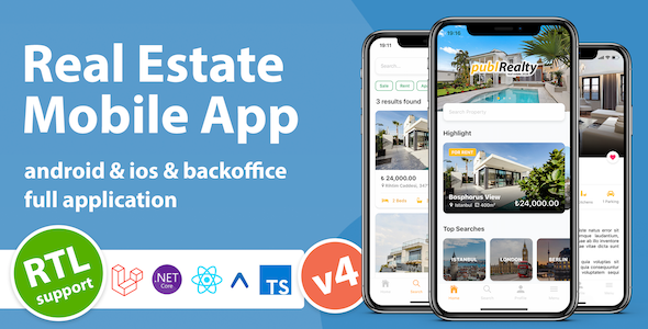 Real Estate Mobile App with Admin Panel | React Native & PHP Laravel or .NET Core 3.1 React native  Mobile App template