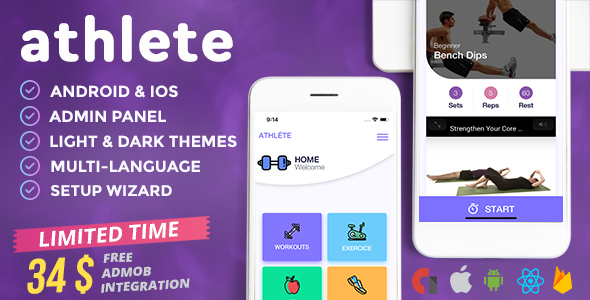 Athlete - Fitness & Workout Mobile App for iOS and Android with Admin Panel, Languages & Themes React native Sport &amp; Fitness Mobile App template