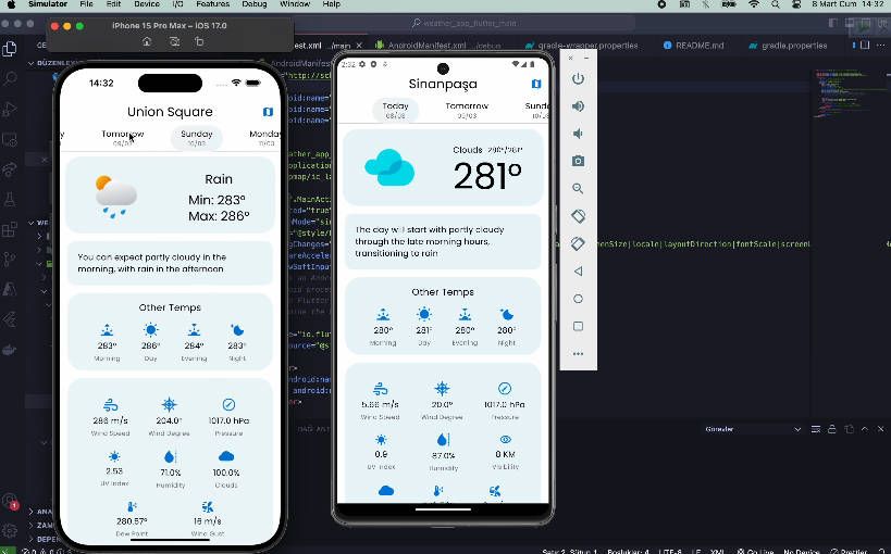 A Flutter Weather App leverages the OpenWeatherMap API to fetch real-time weather data
