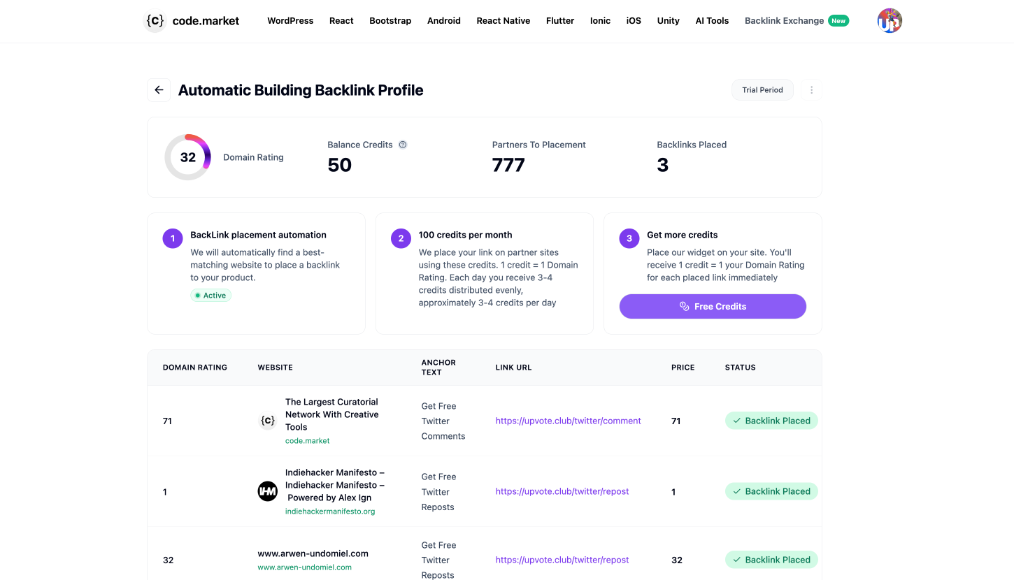 Backlink Exchange Dashboard Preview