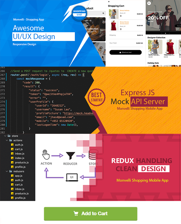 Monvelli Shopping App (React Native + Expo v36) + Express JS Mock API Server