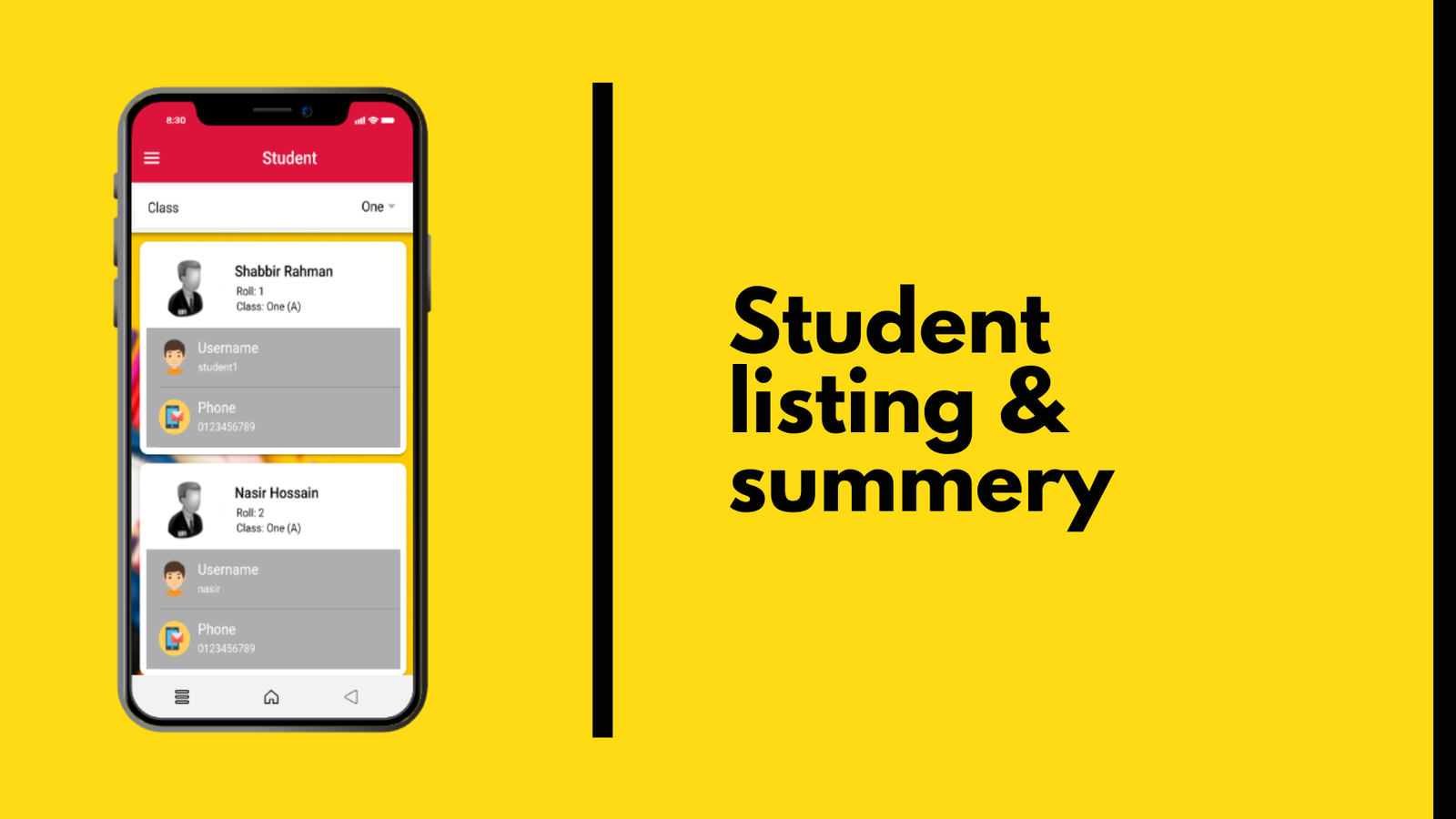 inilabs school app student listing & academic summary