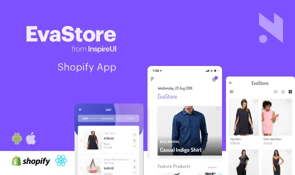 EvaStore - the complete mobile app for Shopify store by React Native and GraphQL React native Ecommerce Mobile App template
