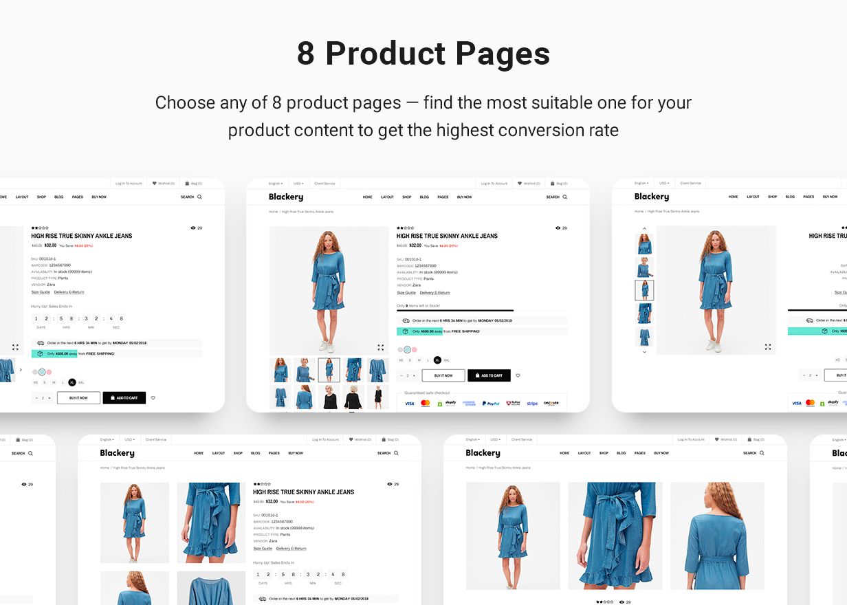 8 product pages: Choose any of 8 product pages — find the most suitable one for your product content to get the highest conversion rate.
