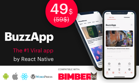 BuzzApp - Viral Magazine WordPress app by React Native (CeNews) React native  Mobile App template
