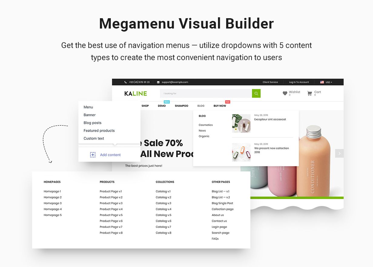 Megamenu visual builder: Get the best use of navigation menus — utilize dropdowns with 5 content types to create the most convenient navigation to users