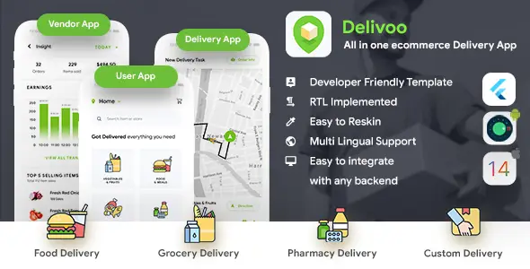 All in one ecommerce Flutter App Template| User App + Vendor App + Delivery App | Delivoo Flutter Food &amp; Goods Delivery Mobile App template