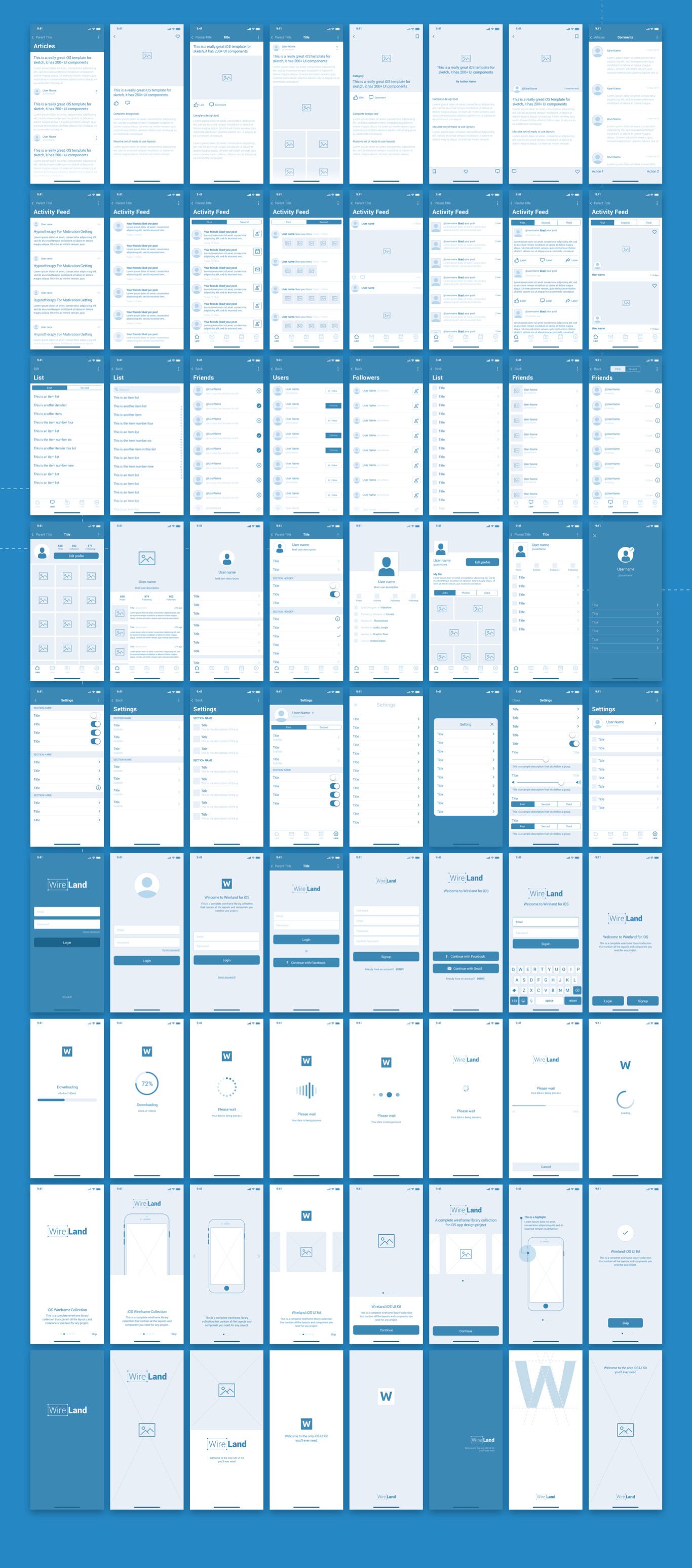 Wireland iOS Wireframe Kit - 144+ App Screens for Sketch - 3