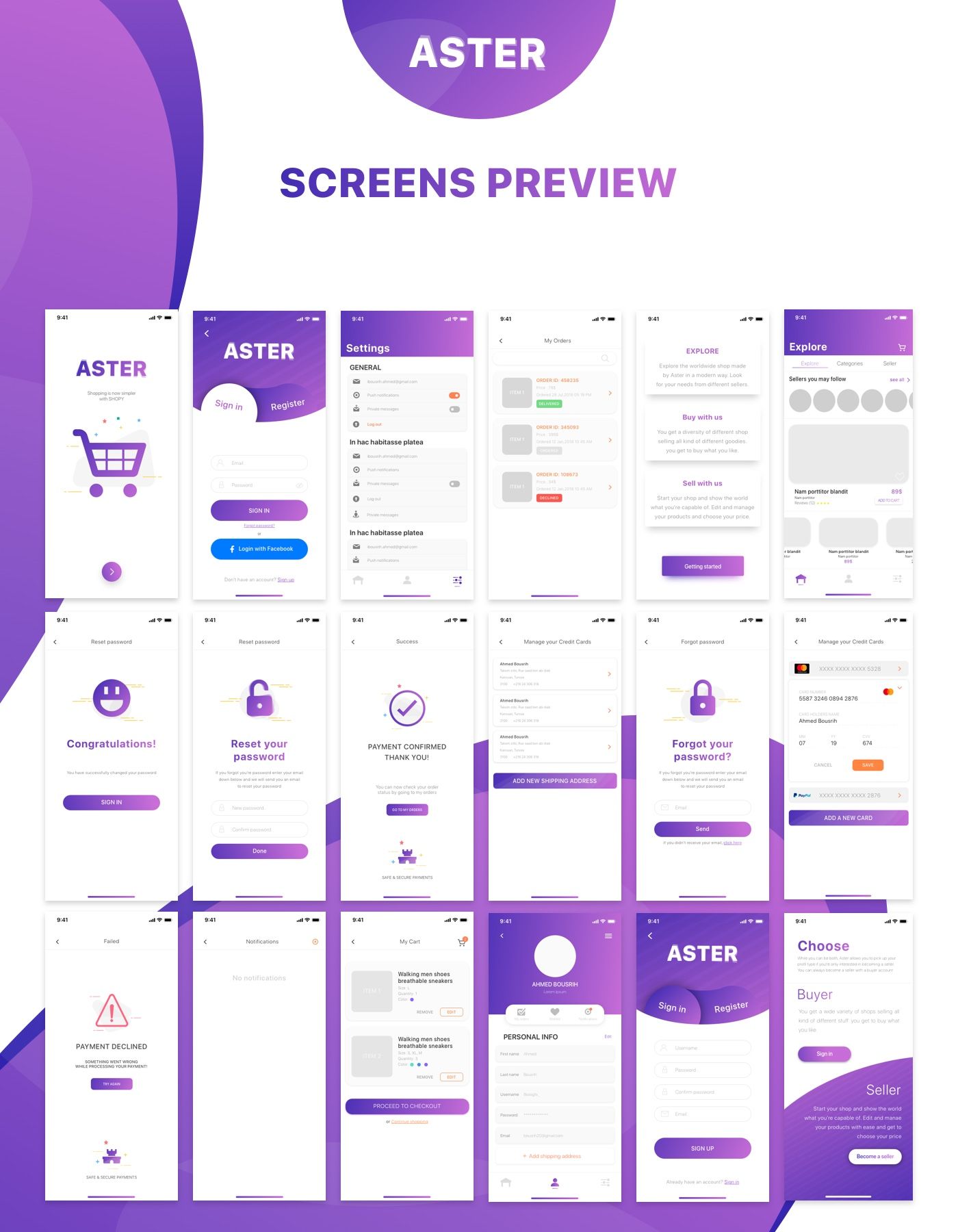 Aster - E-commerce Mobile App Sketch Template - 3