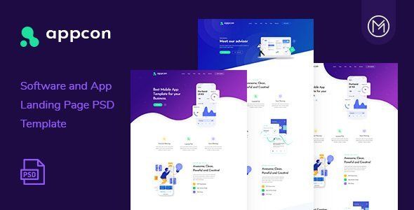 Appcon - Software and App Landing Page PSD Template  News &amp; Blogging Design App template