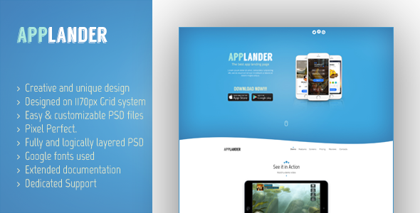 Applander - One Page App Landing PSD Template   Design App template