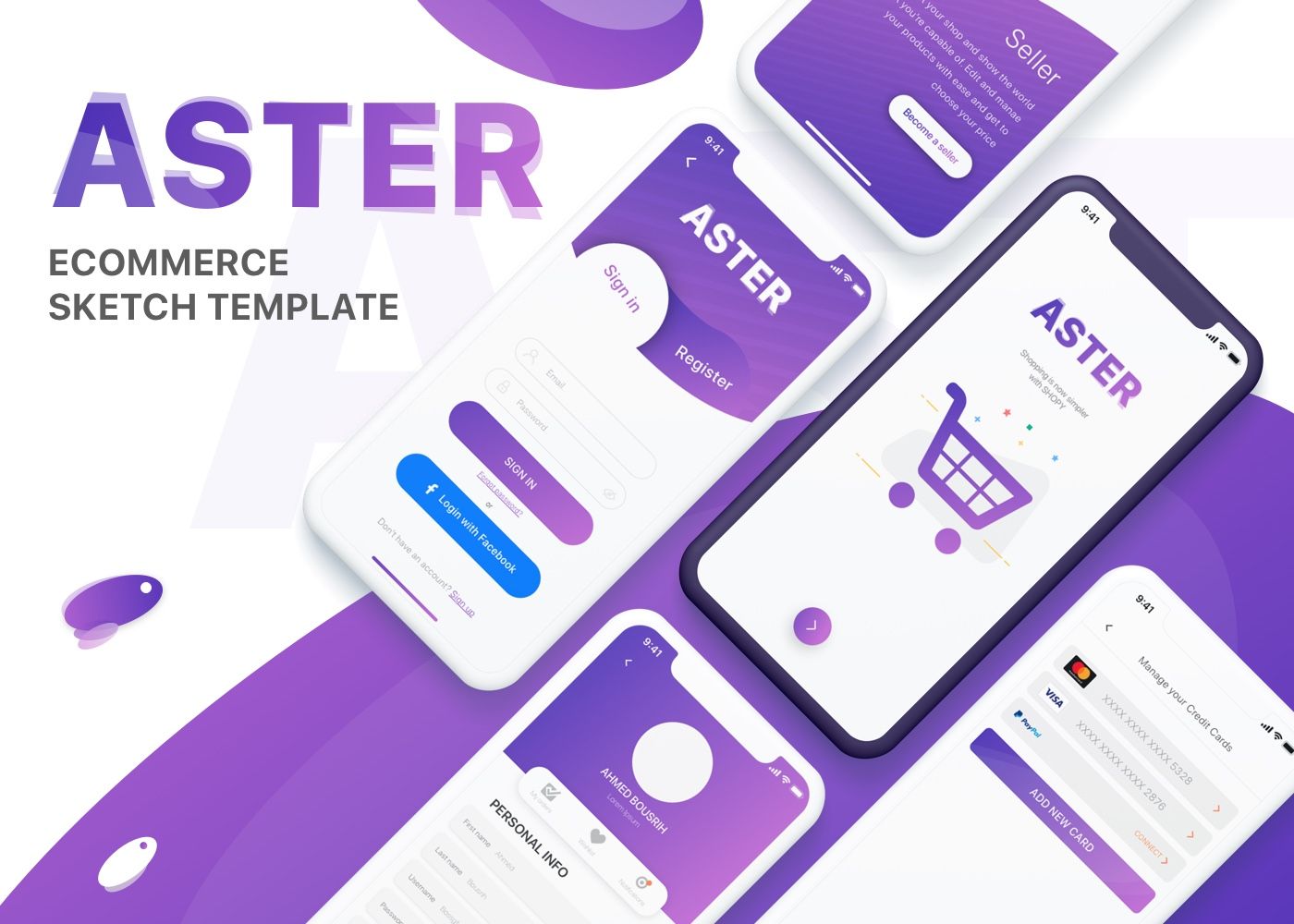 Aster - E-commerce Mobile App Sketch Template - 1