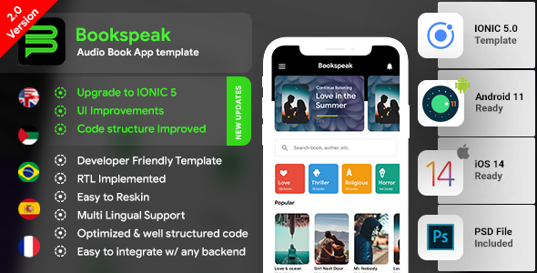 Audio Book Android App + Audio Book iOS App Template| Audio Books App| Bookspeak| IONIC 5 Ionic Books, Courses &amp; Learning Mobile App template