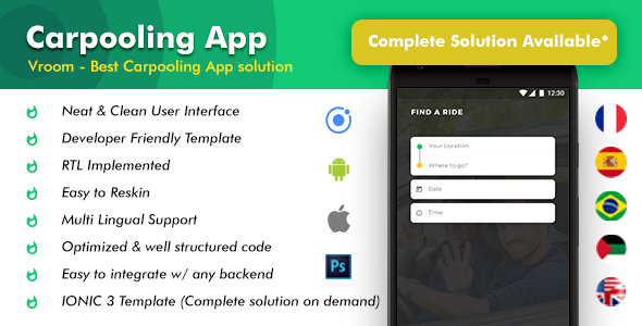 Car Pooling Android App + Car Pooling iOS App | Template (HTML + CSS IONIC 3) | Vroom Ionic Taxi Mobile App template