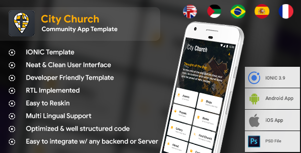 Community Android App + Temple iOS App Template | HTML + Css IONIC 3 | City Church Ionic Events &amp; Charity Mobile App template