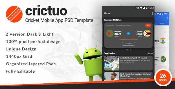 Crictuo - Cricket Mobile App PSD Template  Sport &amp; Fitness Design Uikit
