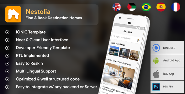 Destination Home Finder Android App + iOS App Template | HTML + Css IONIC 3 | Nestolia Ionic Travel Booking &amp; Rent Mobile App template