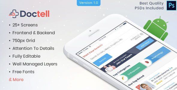 Doctell - Doctors Directory Mobile APP PSD  Travel Booking &amp; Rent Design 