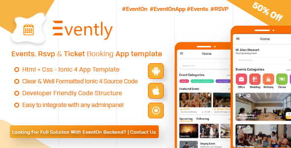 Evently - Event Calender Mobile App Template for EventOn ( HTML - CSS - Android - IOS - IONIC 4) Ionic Travel Booking &amp; Rent Mobile App template