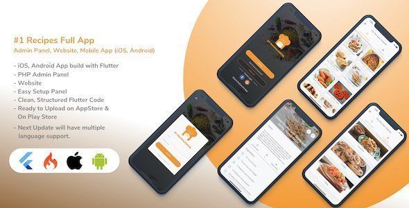 Food Recipe Android and iOS app (Flutter) with admin panel and Website Flutter  Mobile App template