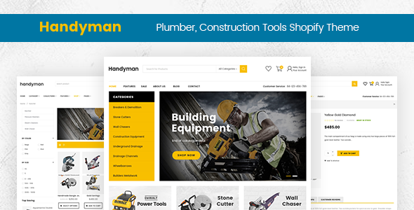 Handyman - Drag & Drop Plumber, Construction Tools Shopify Theme  Ecommerce Design Uikit