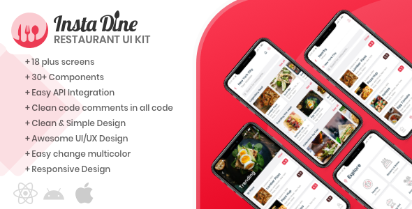 InstaDine - Restaurants Directory React Native UI Kit Template React native Food &amp; Goods Delivery Mobile Uikit