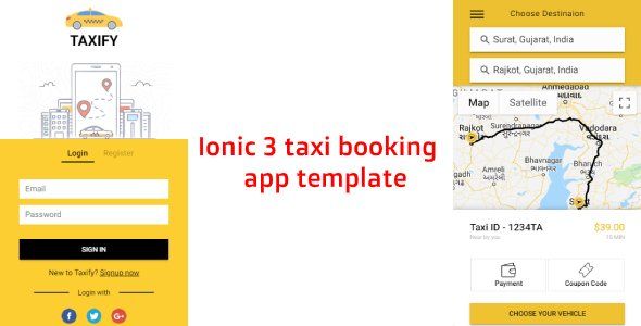 Ionic 3 taxi - cab booking app template (Android - IOS) Ionic Travel Booking &amp; Rent Mobile App template