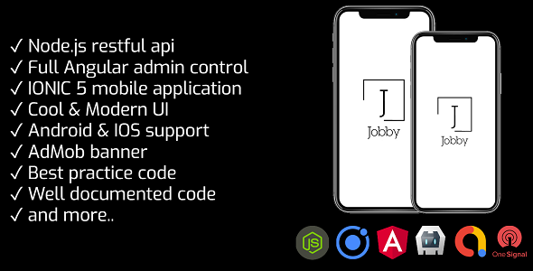 JOBBY - Full job portal application IONIC 5 with Angular 9 admin & Node.js REST API + Admob banner Ionic Developer Tools Mobile App template