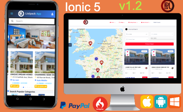 Listpack Ionic 5 Classified Ads Android + IOS + Frontend + Backend Ionic Travel Booking &amp; Rent Mobile App template