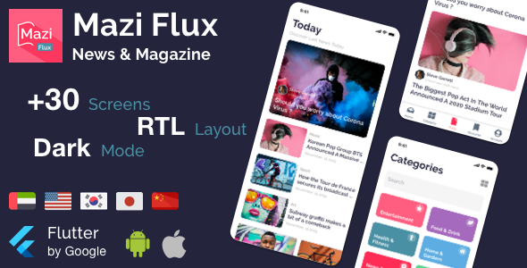 Mazi Flux - News & Magazine for Flutter mobile template Flutter News &amp; Blogging Mobile App template
