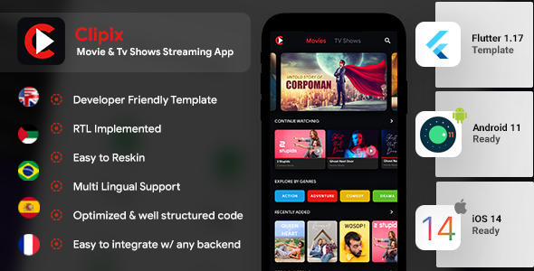 Movie Series Video Streaming Android App Template+ Video Streaming iOS App Template| Flutter| Clipix Flutter Music &amp; Video streaming Mobile App template