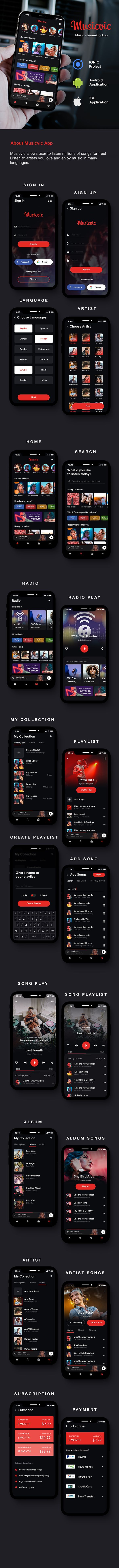 Modern Music Streaming Android App Template + Music iOS App Template (HMTL + Css) IONIC 5 | Musicvic - 3