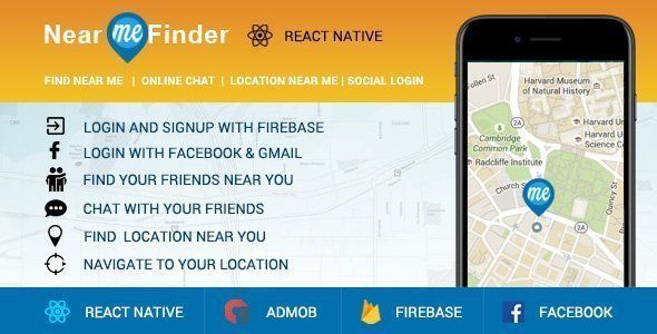 Near Me App - React Native Code - Login with Facebook, Chat, Distance Meter, Firebase, Admob and React native Chat &amp; Messaging Mobile App template