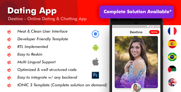 Online Dating Android App + Dating iOS App Template | Destino (HTML+CSS IONIC 3) Ionic  Mobile App template