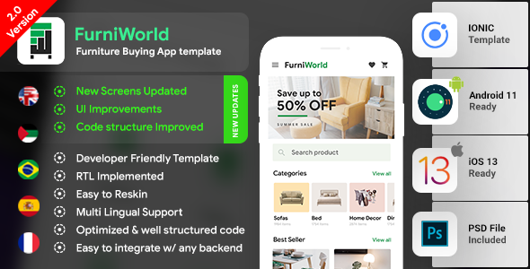 Online Furniture Android App+ Furniture Selling iOS App Template|IONIC 3| FurniWorld Ionic Ecommerce Mobile App template