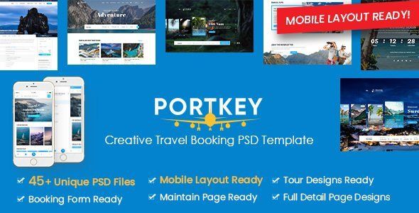 PortKey - Creative Tour &amp; Travel Booking PSD Template (Mobile Layout Included)  Travel Booking &amp; Rent Design 