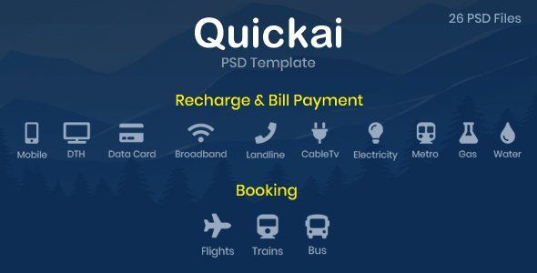 Quickai - Recharge & Bill Payment, Booking PSD Template  Travel Booking &amp; Rent Design 