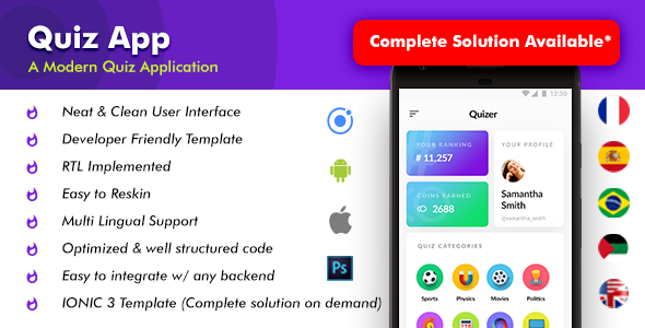 Quiz Android App Template + Quiz iOS App Template (HTML+CSS files IONIC 3) | Quizer Ionic  Mobile App template