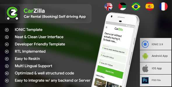 Rental Booking Self driving Car Android App + iOS App Template | IONIC 3 | CarZilla Ionic Travel Booking &amp; Rent Mobile App template