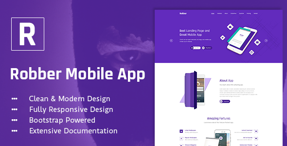 Robber Mobile App Landing Page PSD Template  Ecommerce Design App template