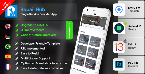 Service Provider Android App Template + iOS App Template| IONIC 5 | RepairHub | Handyman App Ionic Travel Booking &amp; Rent Mobile App template
