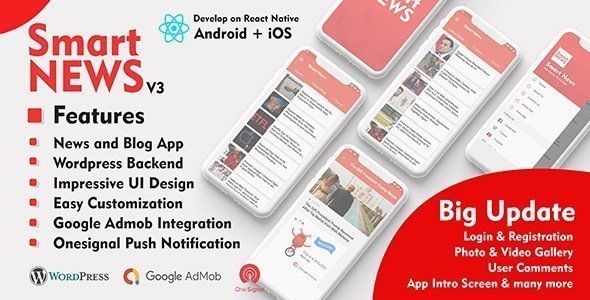 SmartNews | React Native mobile app for Wordpress React native Multipurpose Mobile App template