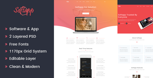 Softapp Software and App Landing Page PSD Template   Design App template