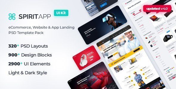 SpiritApp - eCommerce, Website & App Landing Page PSD Template Pack  Ecommerce Design Uikit