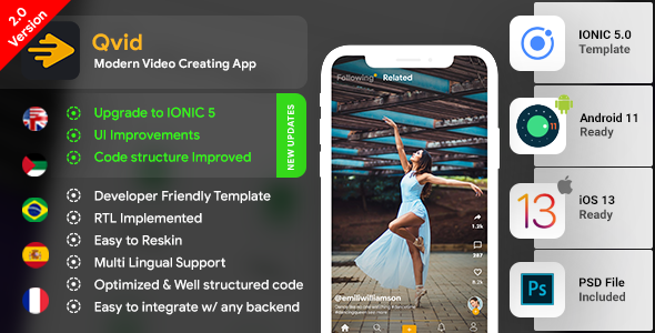 TikTok| Video Creating Android App + Video Creating iOS App Template|Video Sharing App| Qvid|IONIC 5 Ionic Music &amp; Video streaming Mobile App template