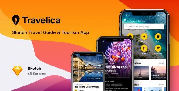 Travelica - Sketch Travel Guide & Tourism App  Food &amp; Goods Delivery Design Uikit