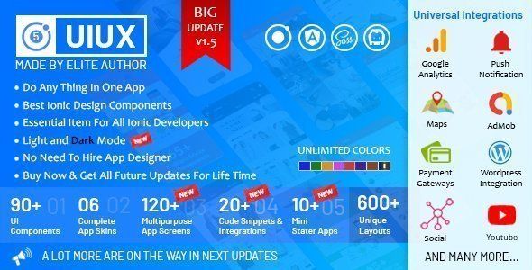 UIUX 5 in 1 - Ionic 5 / Angular 8 Design Components, Screens, Code Snippets, App Skins & Mini Apps Ionic Multipurpose Mobile Uikit