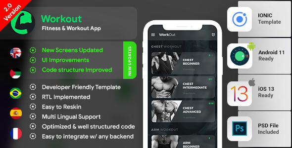 Workout Android App + Workout iOS App | Template (HTML + CSS in IONIC 3) Ionic Sport &amp; Fitness Mobile App template