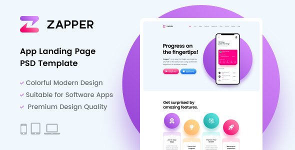 Zapper – App Landing Page PSD Template   Design App template