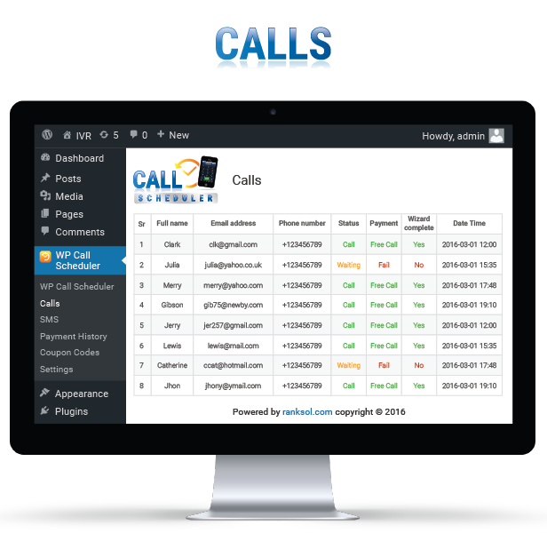 WP Calls And SMS Scheduler Calls Settings Page